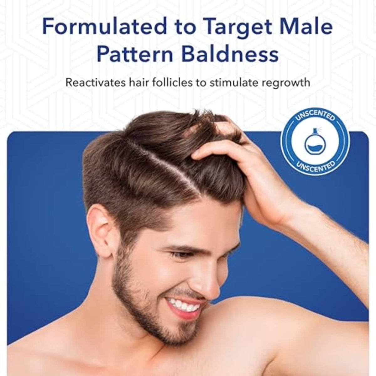 Minoxidil 5% topical solution bottle for male pattern baldness, unscented