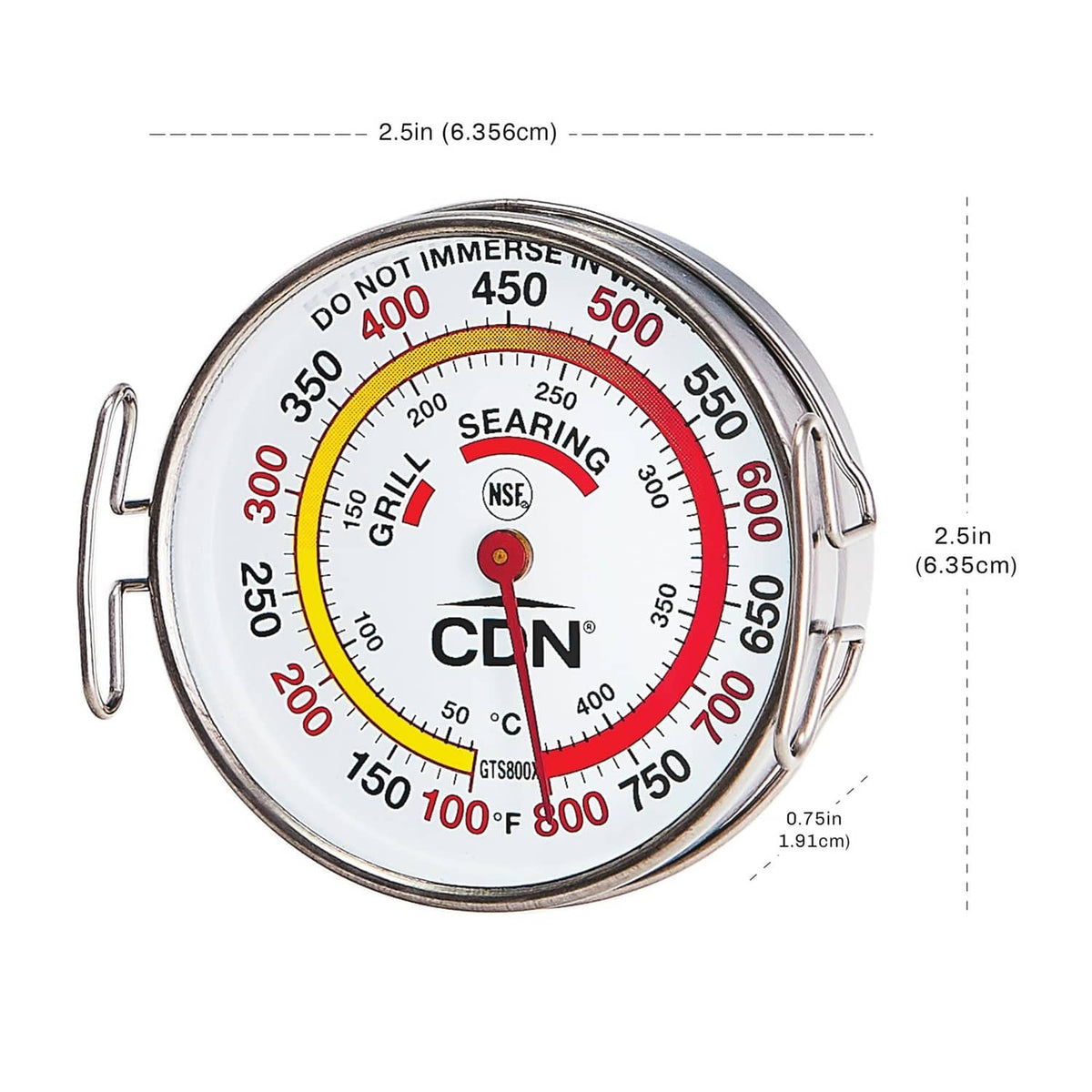 Grill surface thermometer front view with color-coded ring and centered red needle