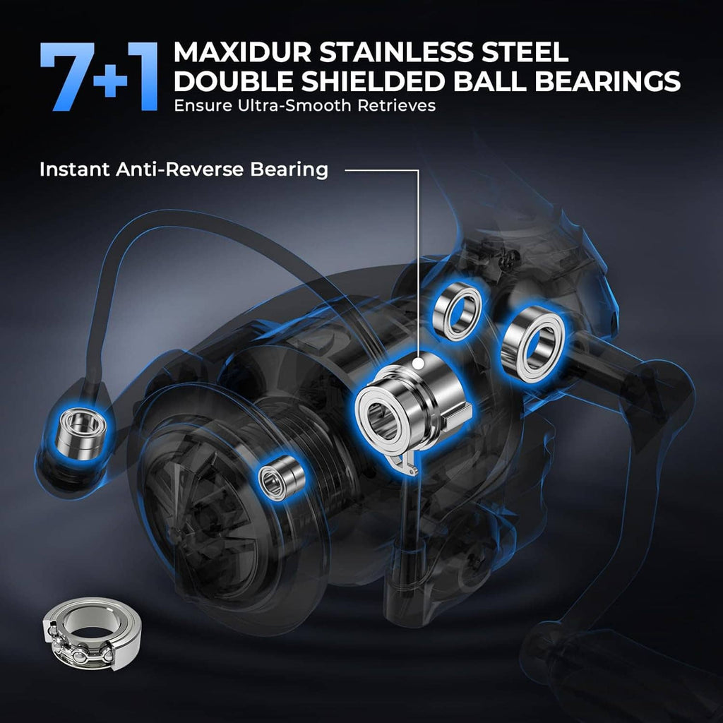 Black spinning reel with double-shielded ball bearings and blue stabilizing parts