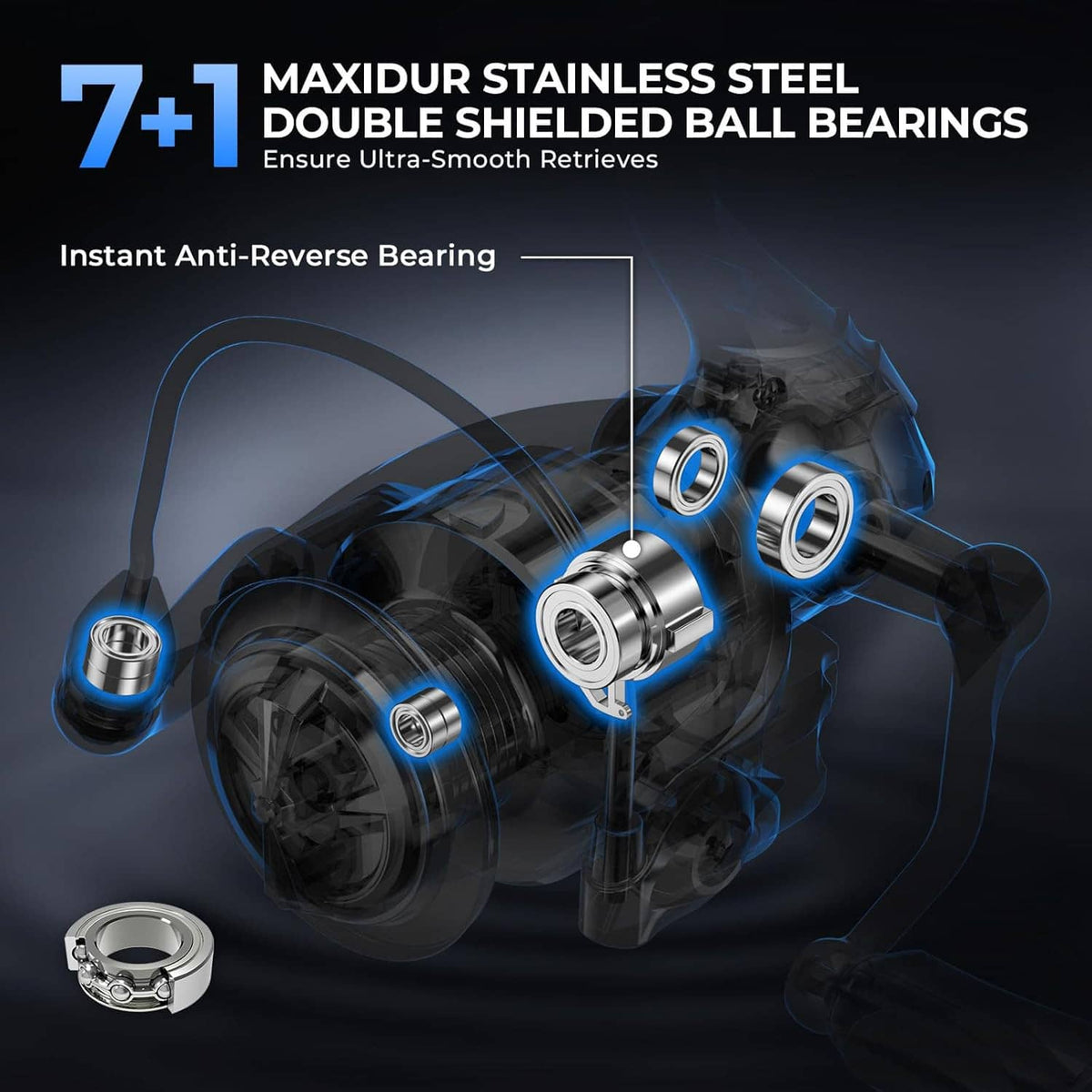 Black spinning reel with double-shielded ball bearings and blue stabilizing parts