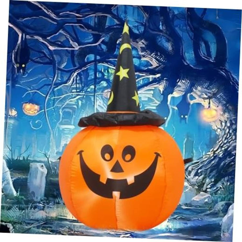 Inflatable Halloween pumpkin with jack-o'-lantern face and black witch hat