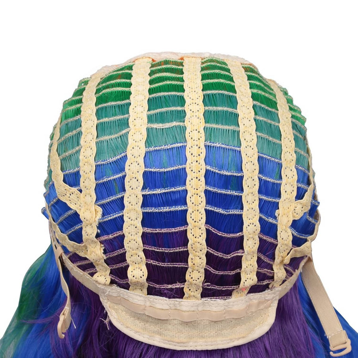 Cosplay wig cap with mesh top and elastic, green and cream striped panel