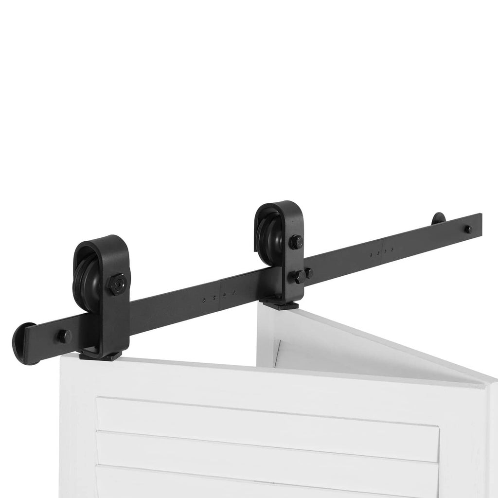 Bi-fold sliding barn door hardware track kit with black rollers and mounting brackets