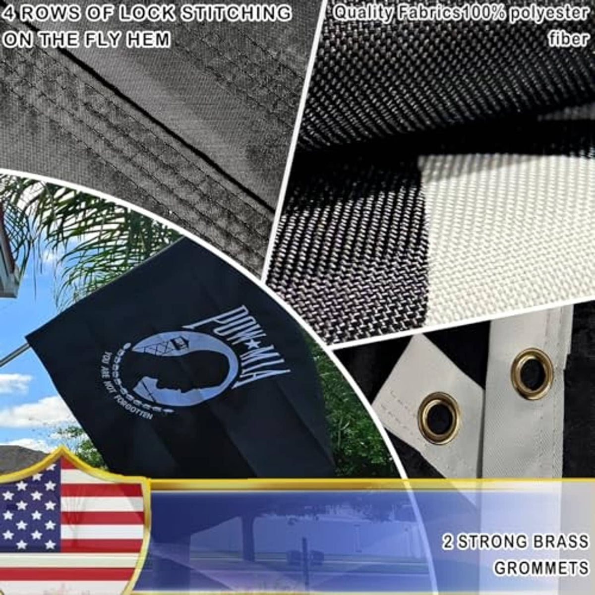 Black POW-MIA flag with brass grommets and reinforced hem, embroidered circular emblem