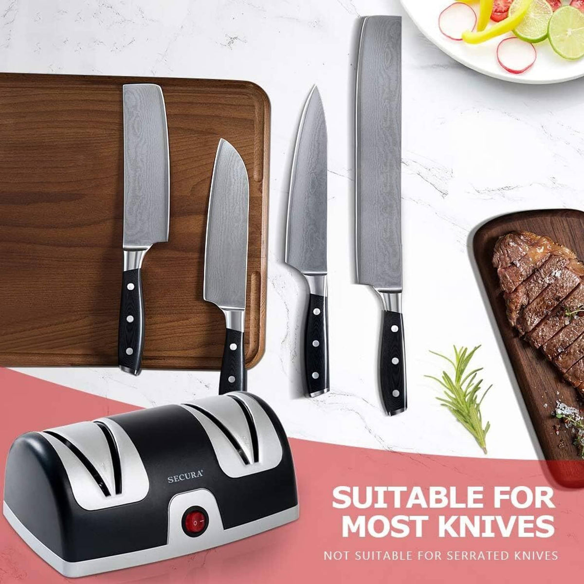 Secura 2-stage knife sharpener with several kitchen knives arranged on a cutting board