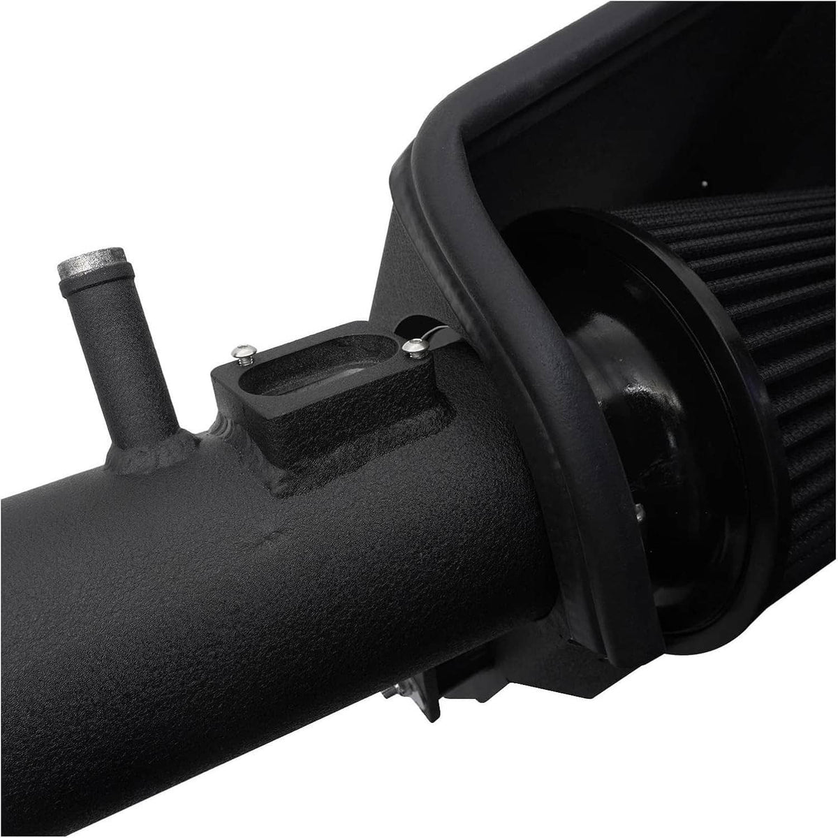 Black intake housing with port opening and rubber-sealed filter connection