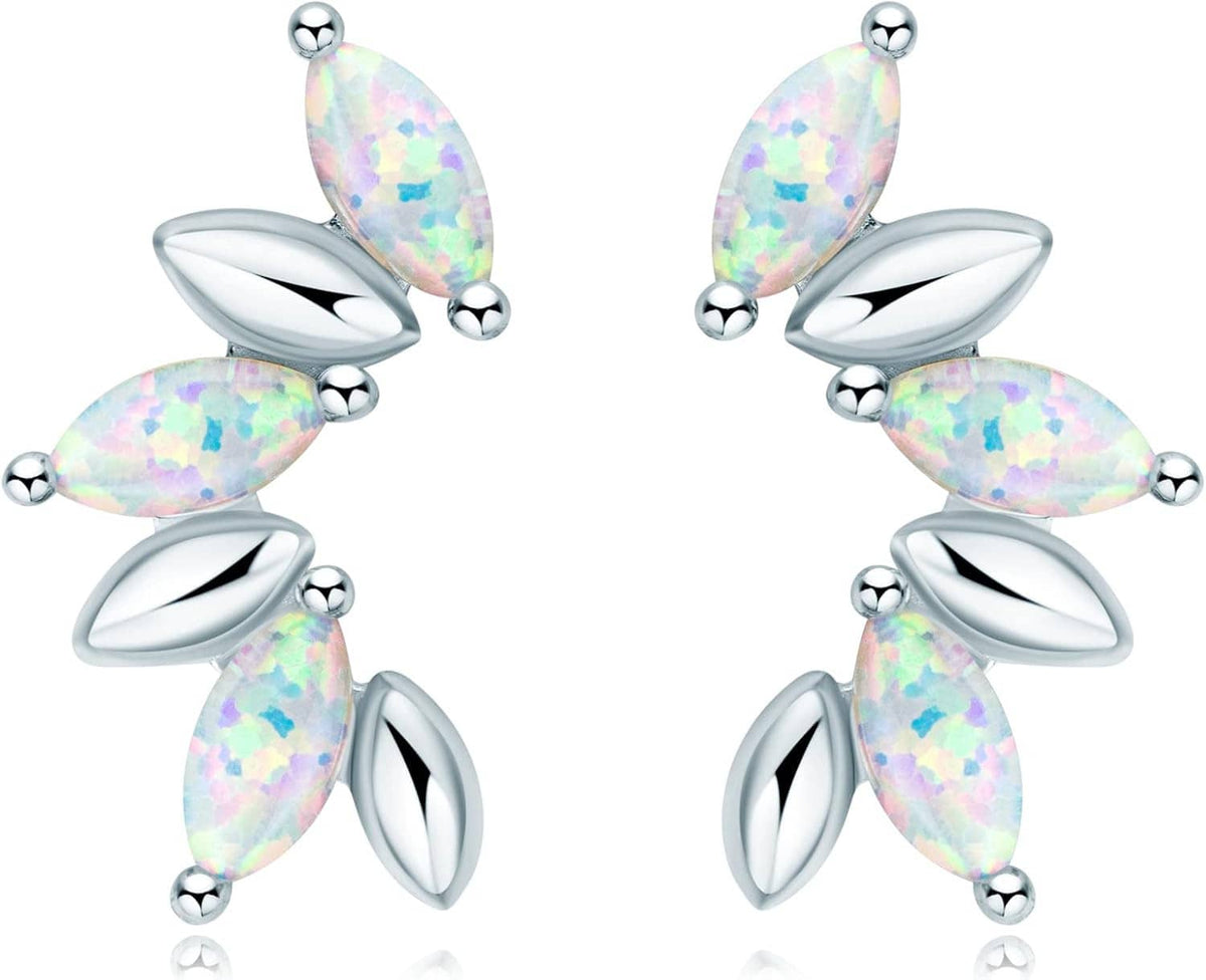 Pair of sterling silver stud earrings featuring marquise opal stones and glossy accents