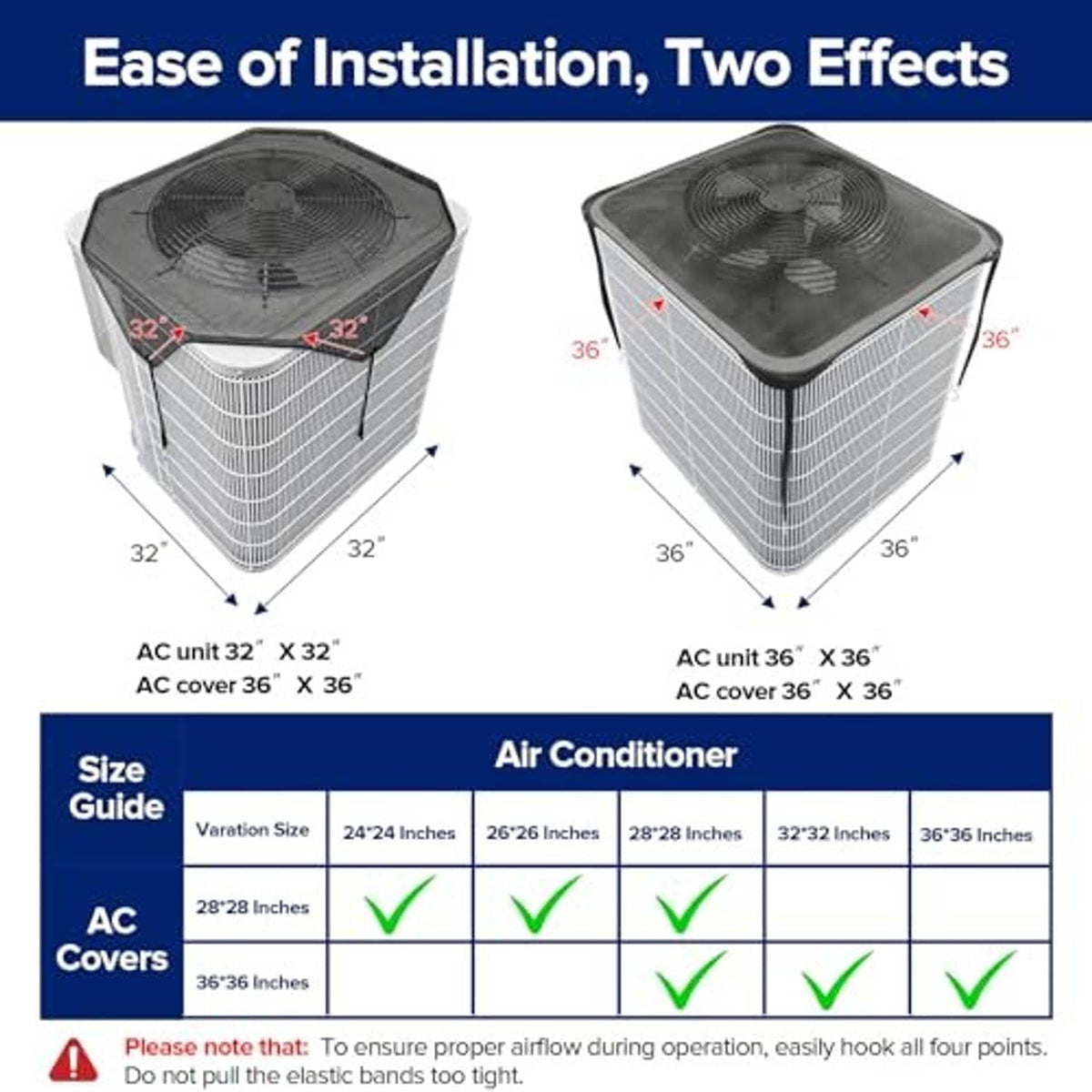 AC cover size chart showing 36x36-inch octagonal fit over unit