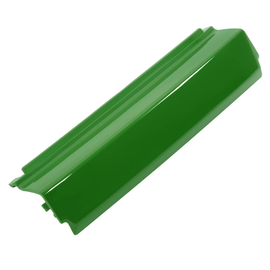 Green front bumper for John Deere mower, diagonal view with mounting clips