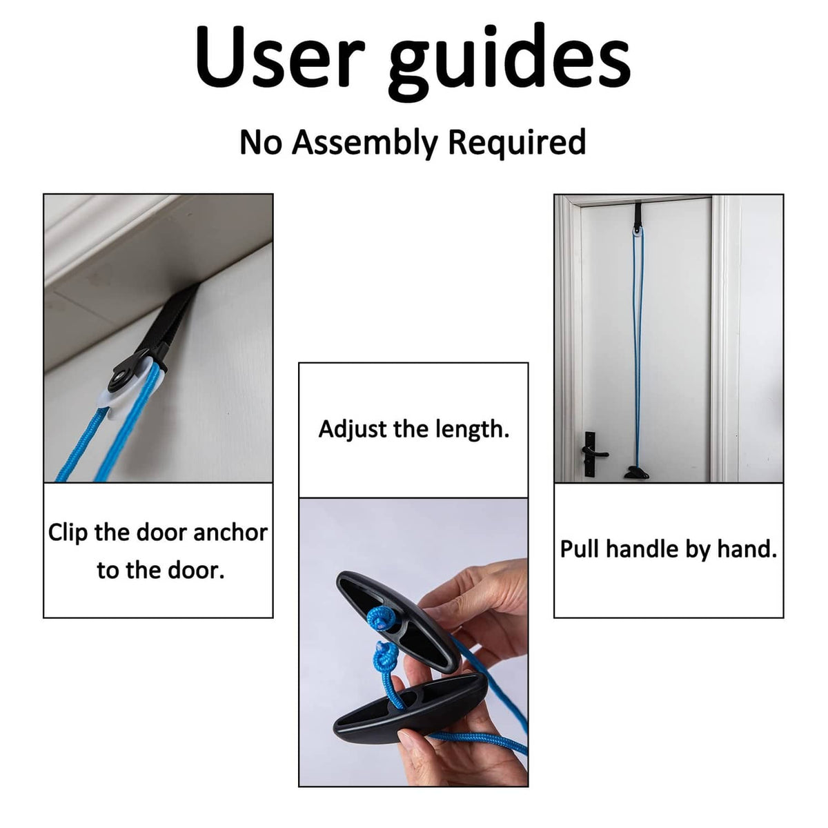 Adjustable shoulder pulley system with black pulleys and blue rope attached to door
