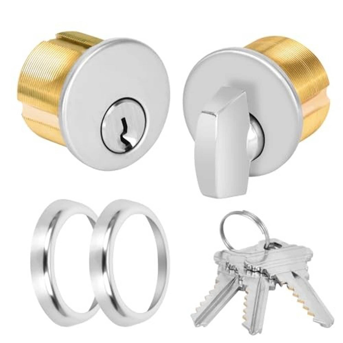 Mortise lock cylinder with oval silver face, brass body, keys and two metal rings.