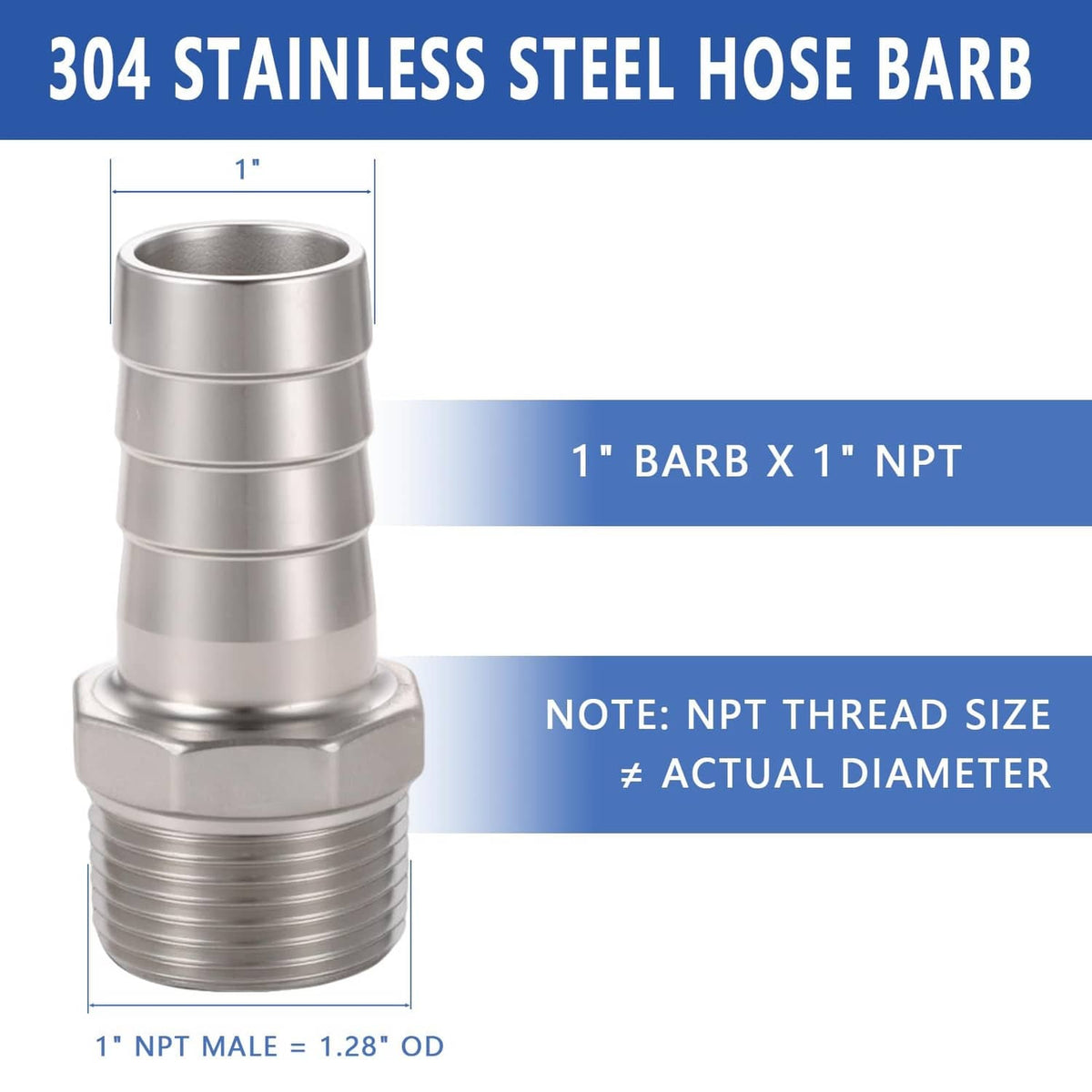 304 stainless steel hose barb NPT male fitting, stepped barb sleeve and detailed pipe threads