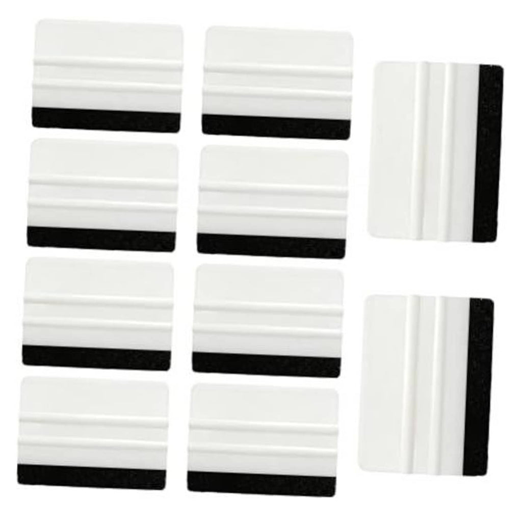 10-pack plastic felt edge squeegees with white handles and black felt pads