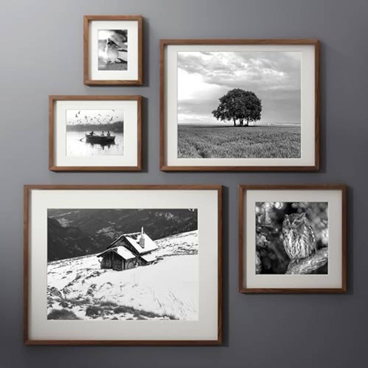 Walnut wood picture frames with black-and-white photos, varied orientations