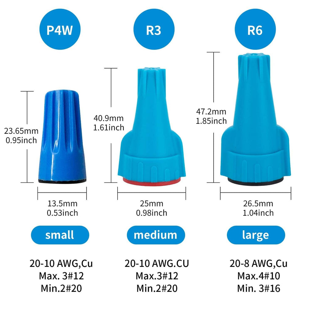 Blue waterproof wire connector caps in small, medium, and large sizes
