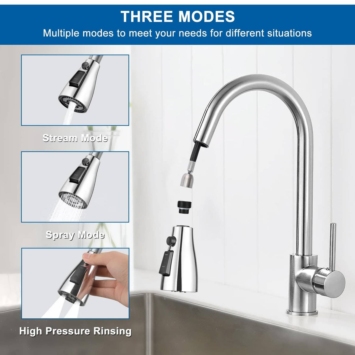 Chrome pull-down faucet spray head with black selector, showing three spray modes