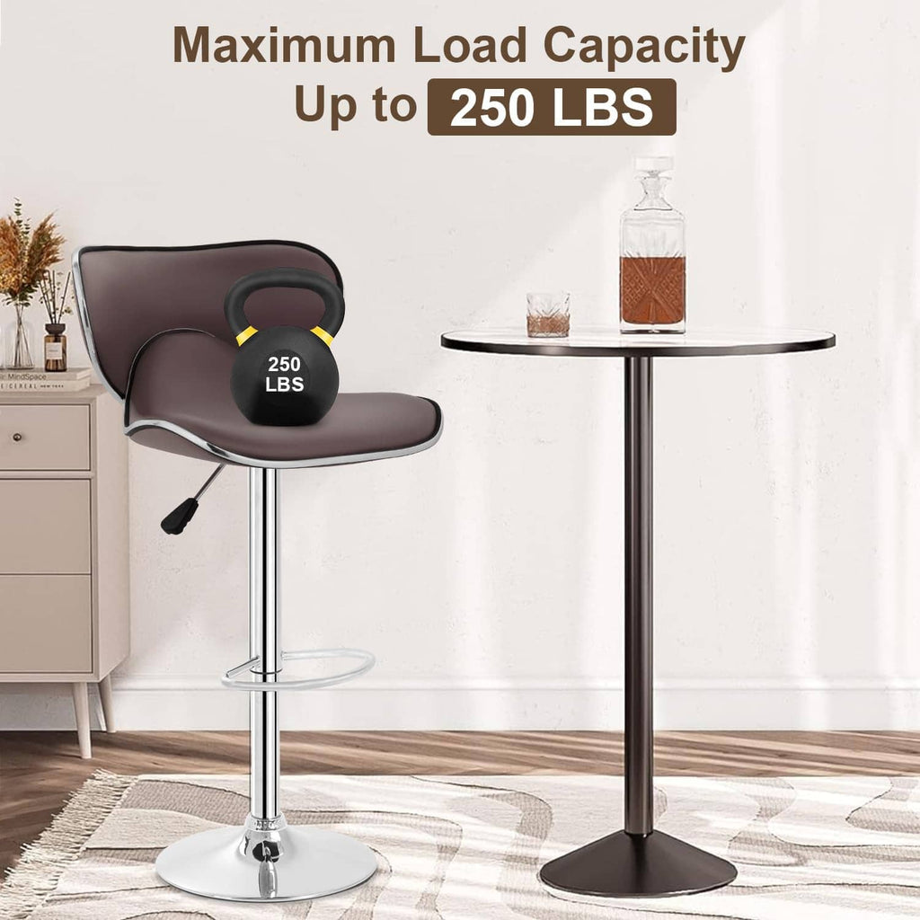 Brown bar stool with backrest, chrome pedestal, and round footrest ring