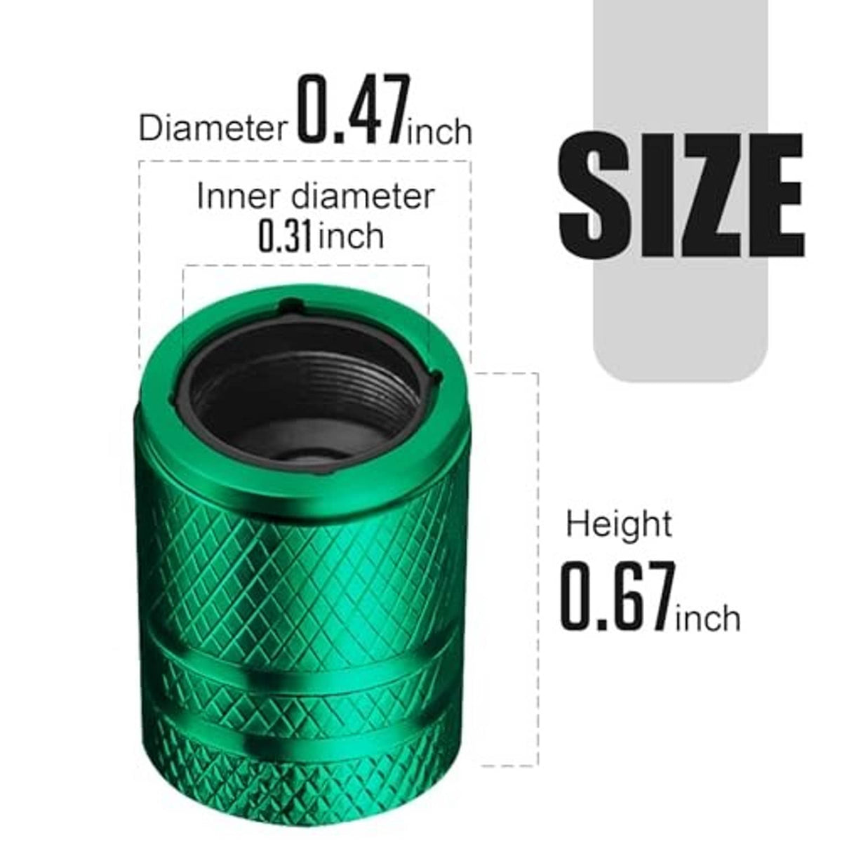 Green tire valve stem cap with black plastic liner insert and threaded inner opening