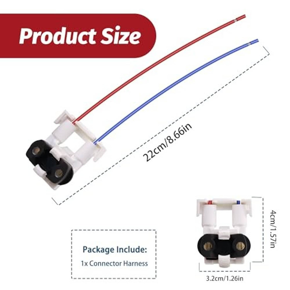 Connector harness with red and blue wires, shown with product size dimensions