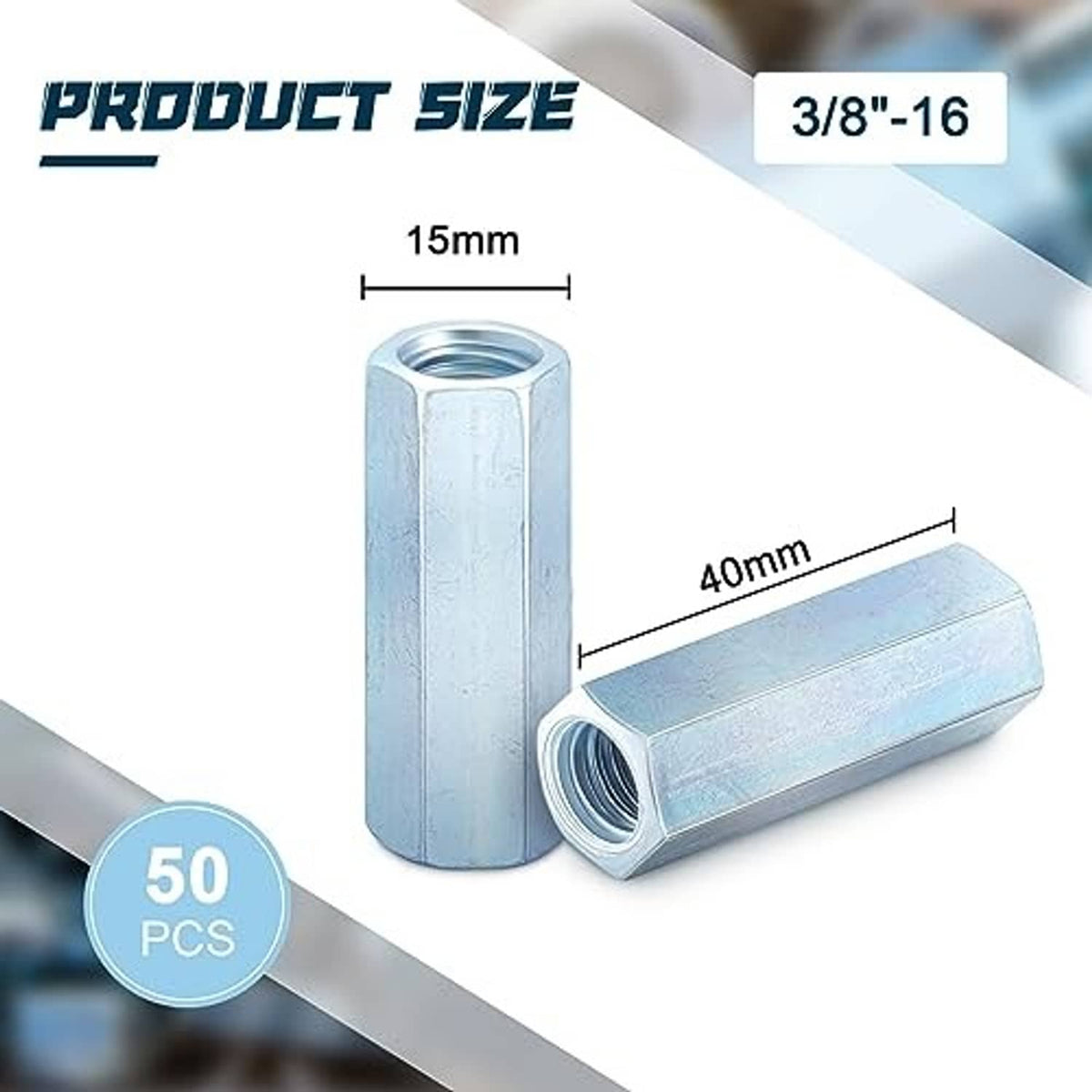 Zinc-plated coarse coupling nuts, 3/8-16 size, two hex nuts shown with dimensions