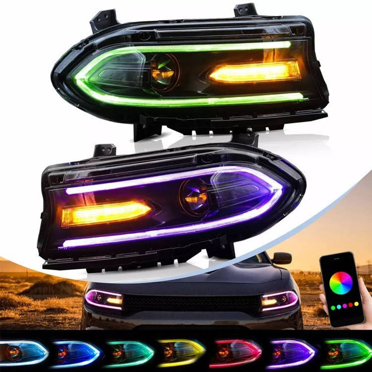 RGB LED projector headlights pair with green and purple light effects and remote