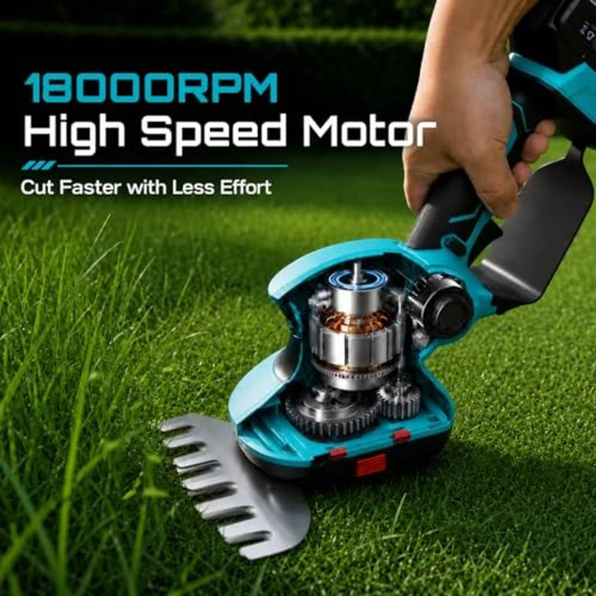 Blue cordless grass shear unit with metal blades resting on green grass