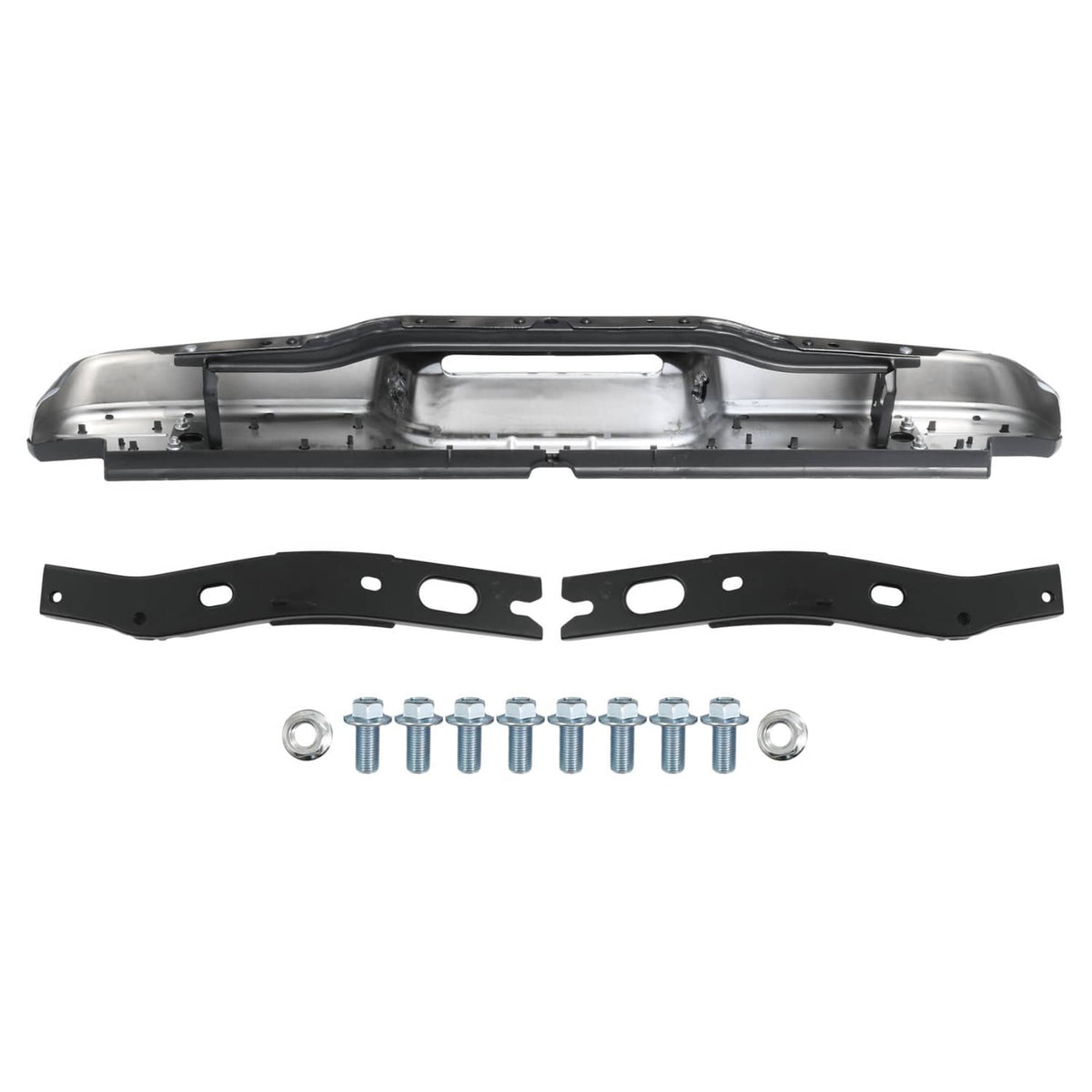 Rear step bumper assembly components: black bracket plates, chrome beam, and bolts kit