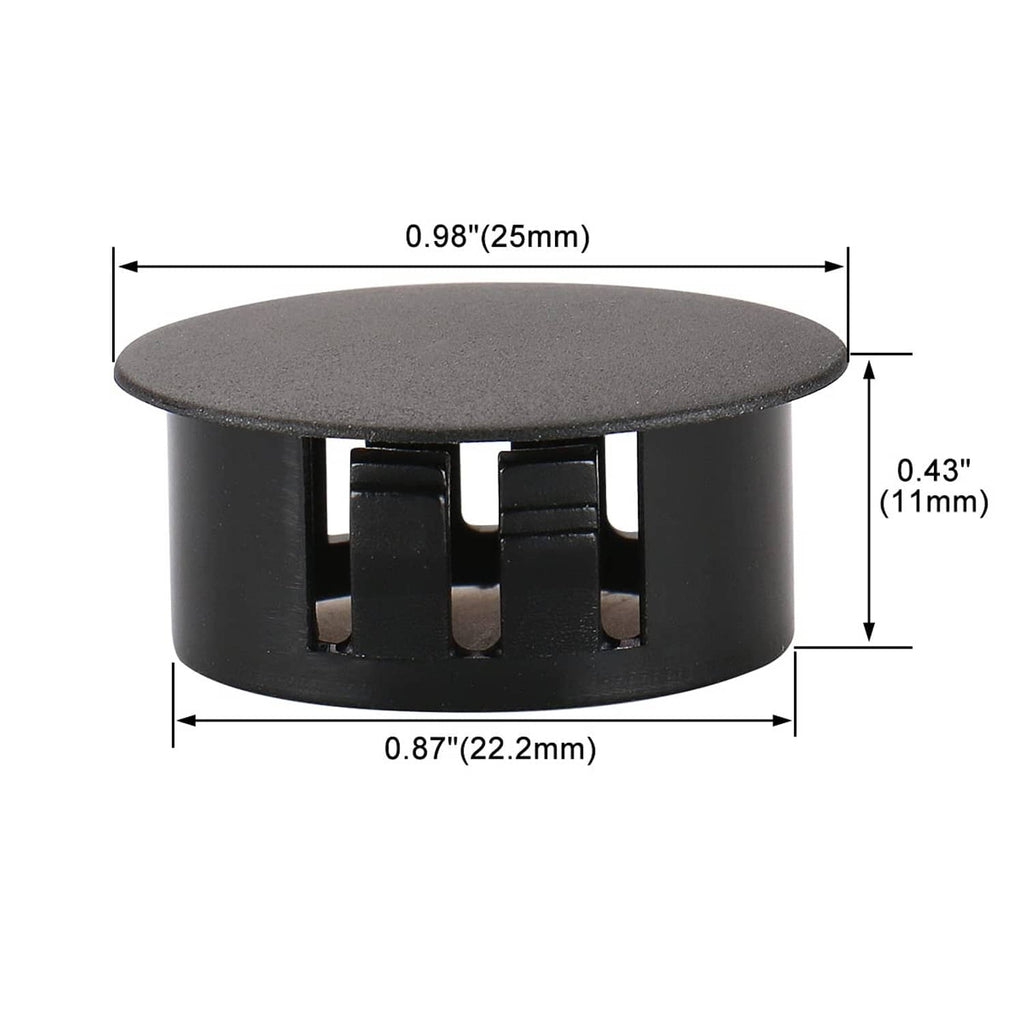 Black round panel fastener plug with locking slots; shown with size measurements