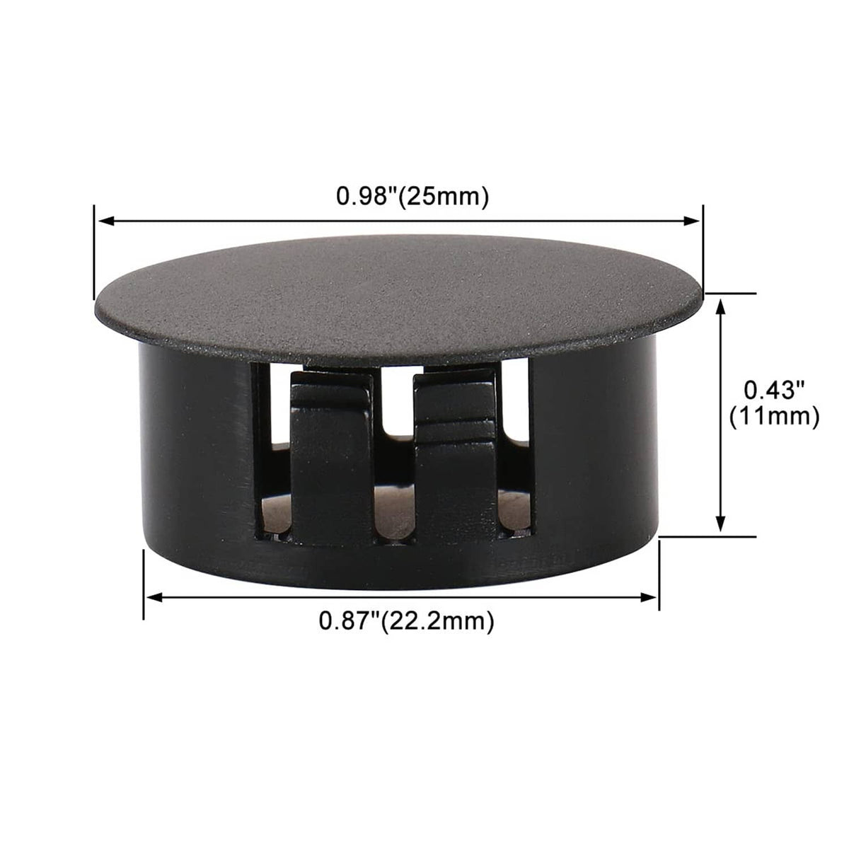 Black round panel fastener plug with locking slots; shown with size measurements