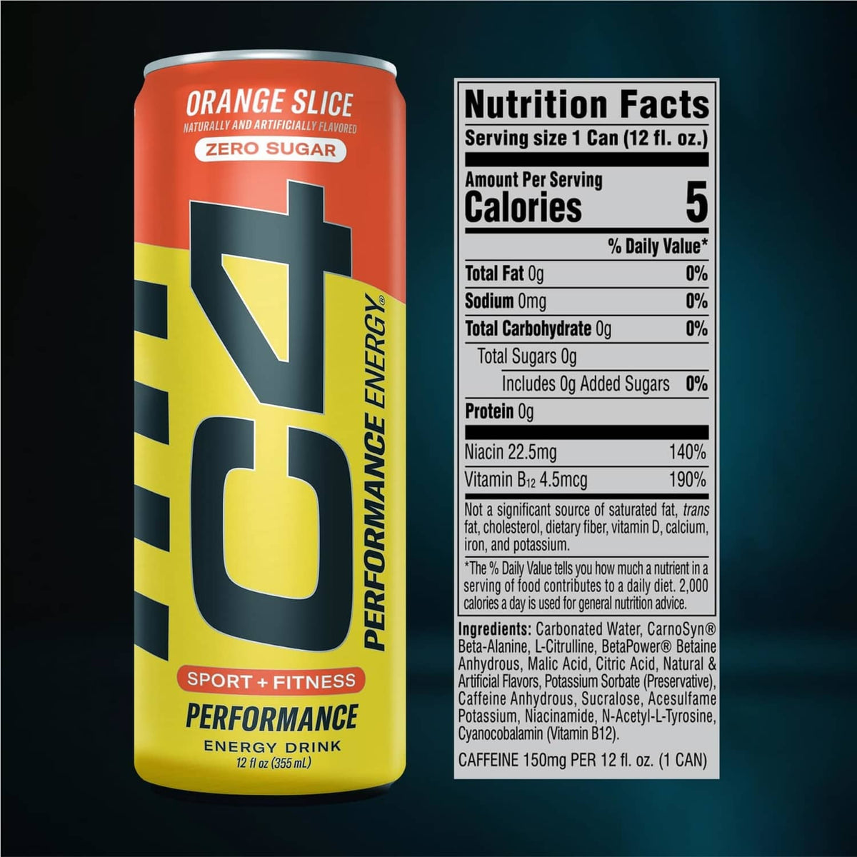 C4 Performance energy drink can with Nutrition Facts - Orange Slice, zero sugar