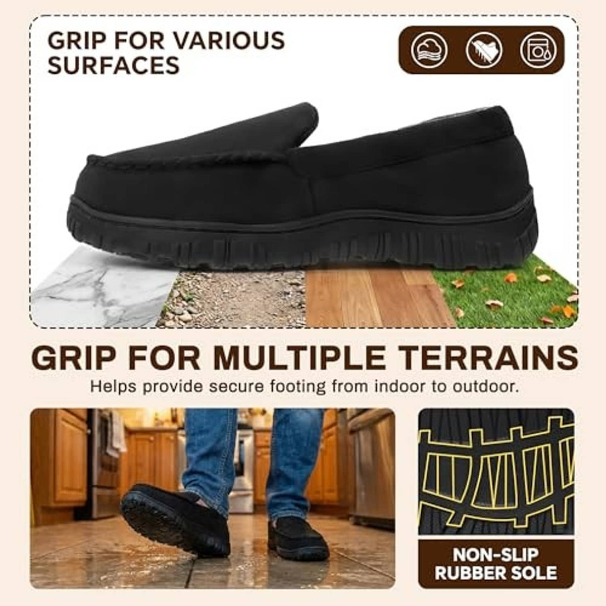 Black moccasin slippers with textured non-slip rubber sole