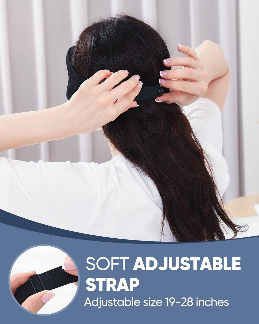 Black sleep eye mask with soft adjustable strap being fitted