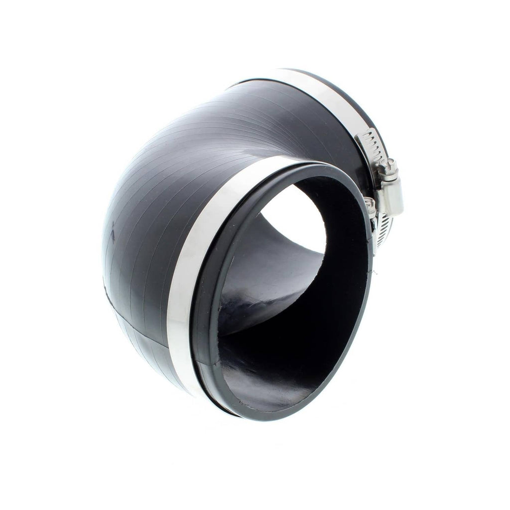 Black exhaust boot elbow with silver clamp band and flared round opening, side view