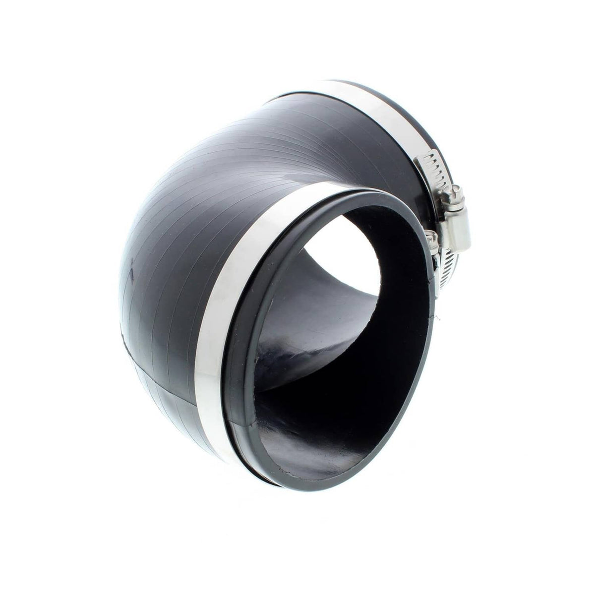 Black exhaust boot elbow with silver clamp band and flared round opening, side view