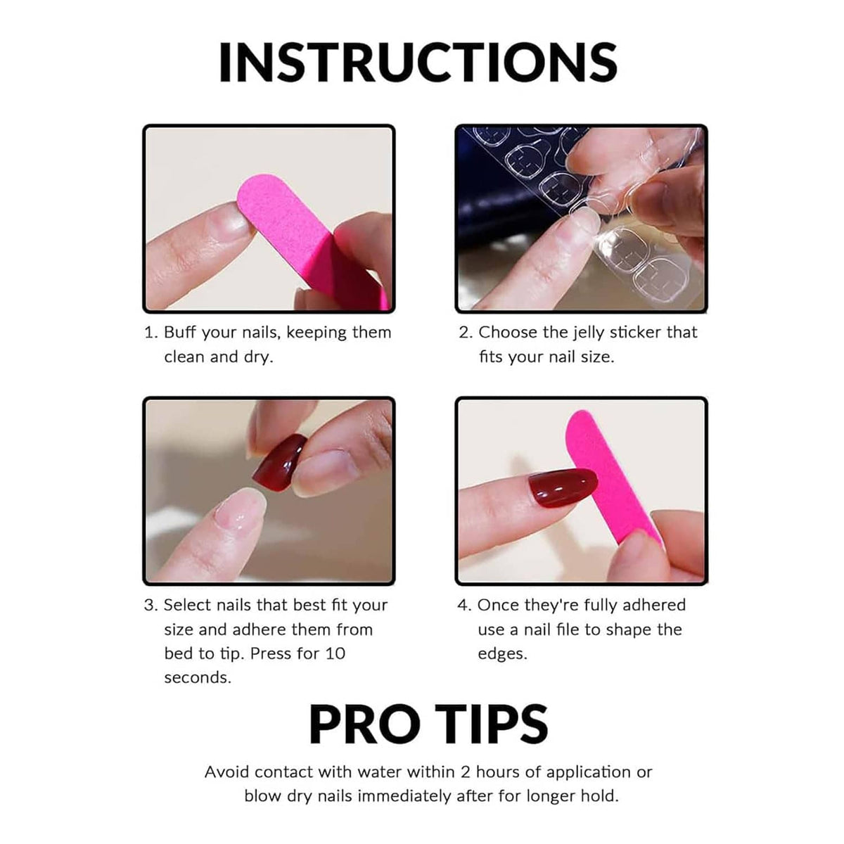 Press-on nails application instructions diagram with step photos and pro tips text