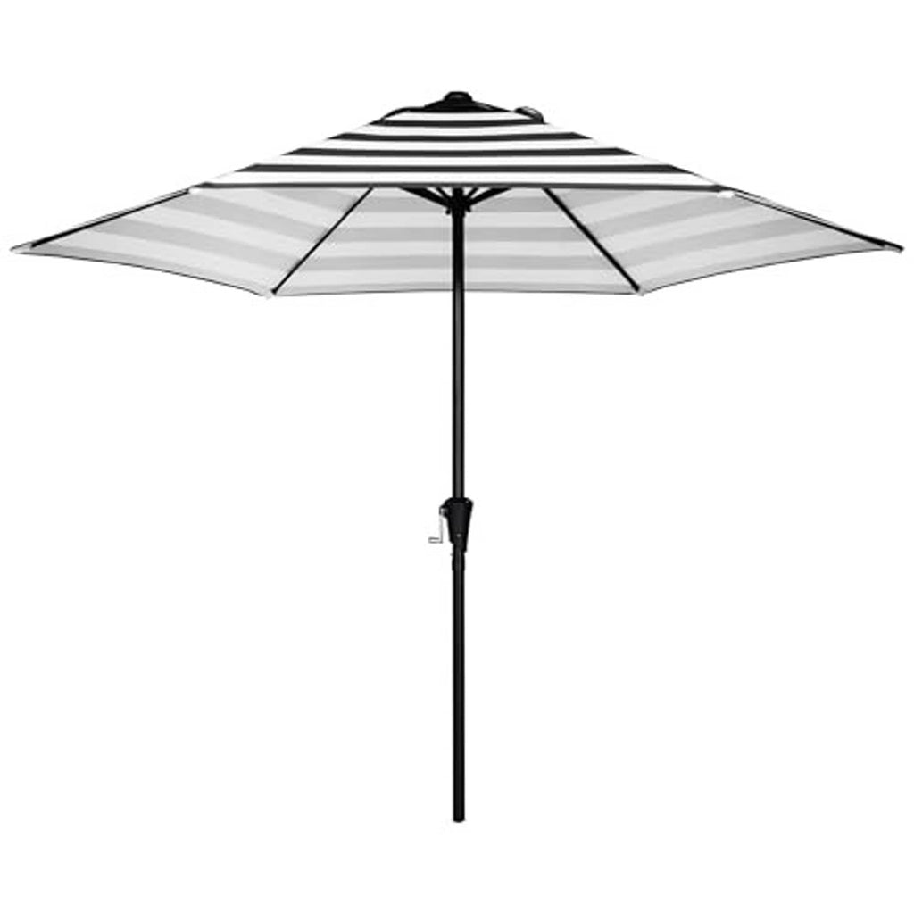 Outdoor patio market umbrella with black-and-white striped canopy and central pole, front view