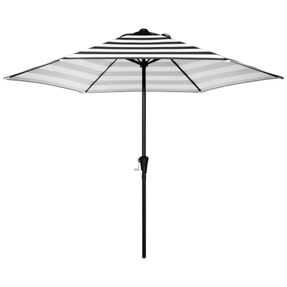 Outdoor patio market umbrella with black-and-white striped canopy and central pole, front view