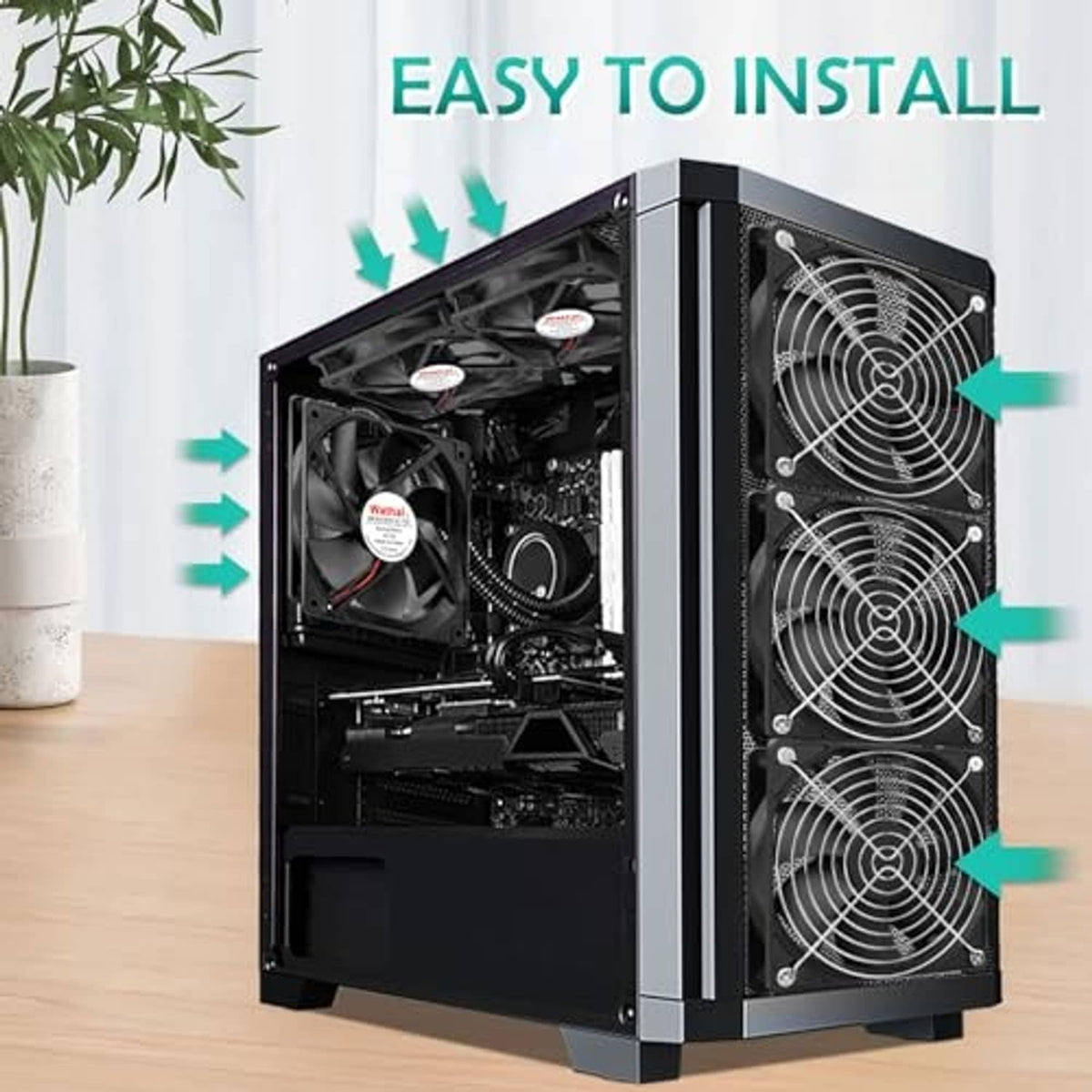 Black 120mm computer case cooling fans installed on an open desktop PC