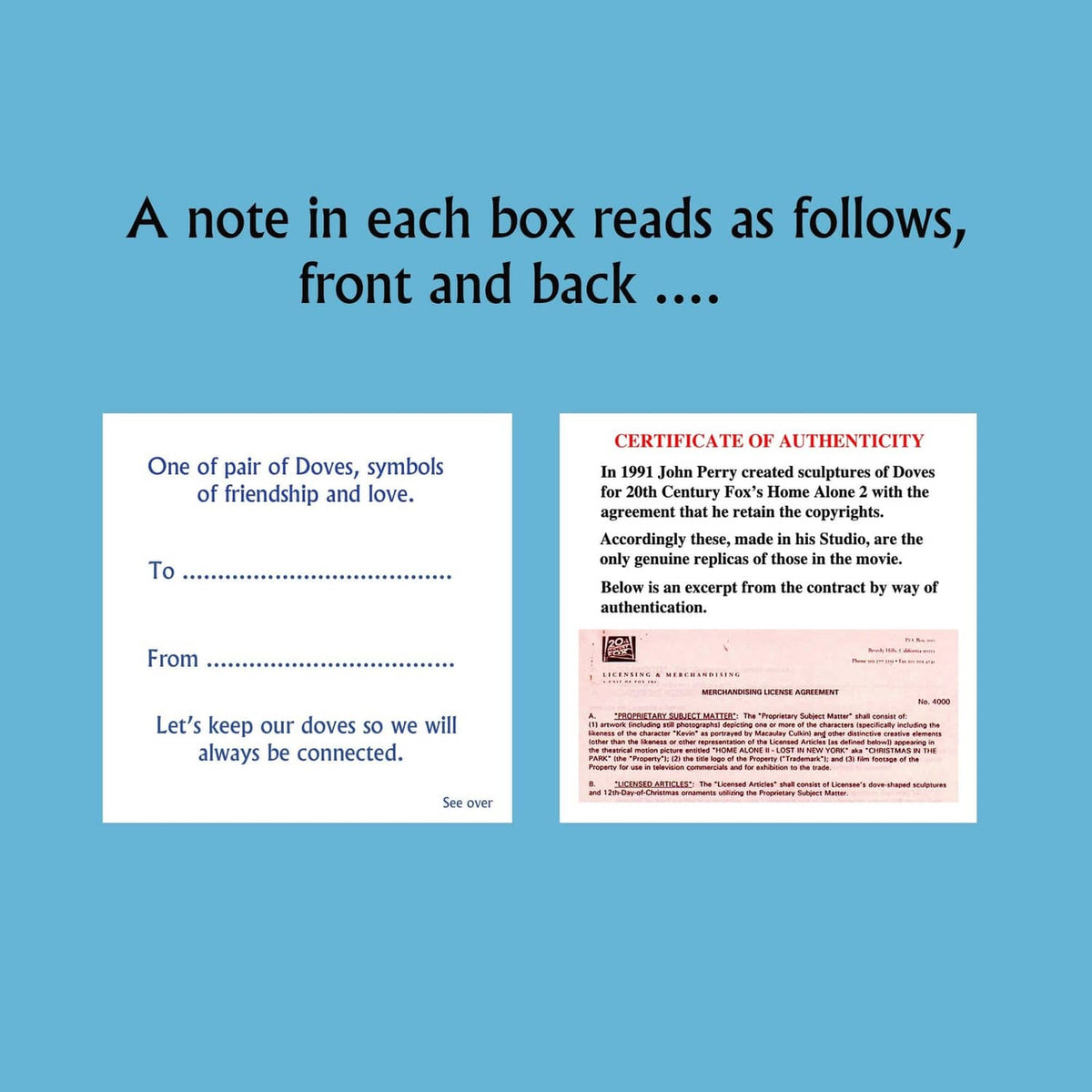 Printed note and certificate cards with text in a blue card layout