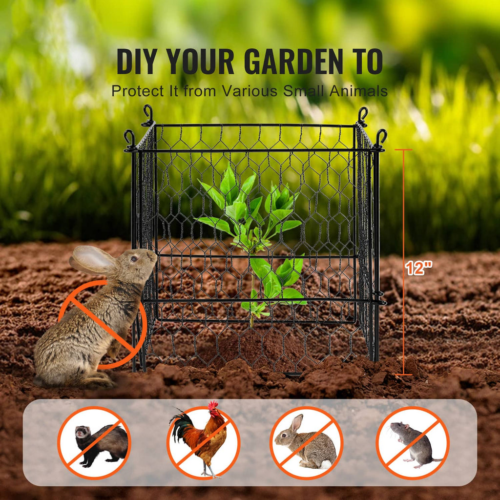 Black metal mesh plant protector cage with ground spikes for garden beds