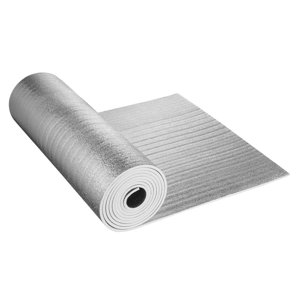 Grey reflective insulation foam roll sheet, rolled core end and ribbed reflective surface