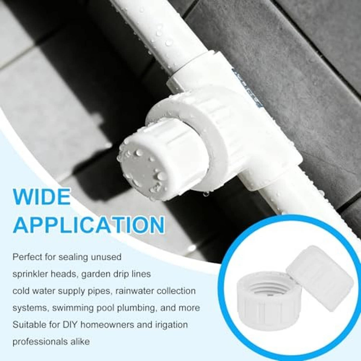 White PVC sprinkler end cap plug with female-thread opening
