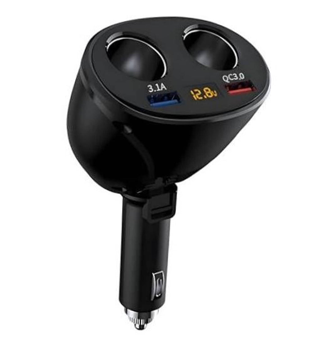 Dual USB car charger with QC3.0 ports and LED voltage display, black finish