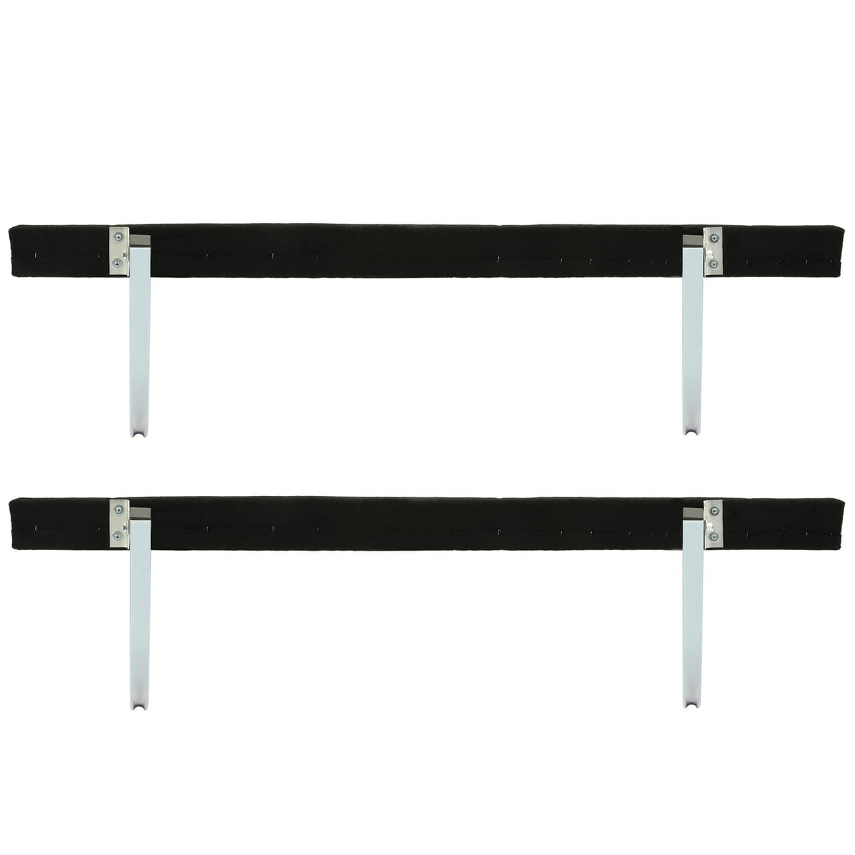 Black foam bunk rails with silver brackets and vertical mounting prongs