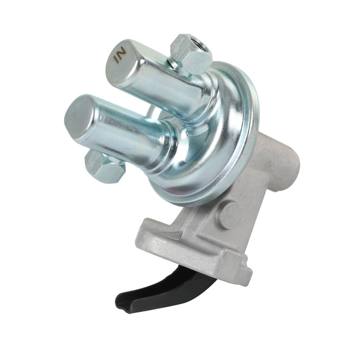 Fuel lift transfer pump with cylindrical valve top, two outlets, black lever, and mounting base