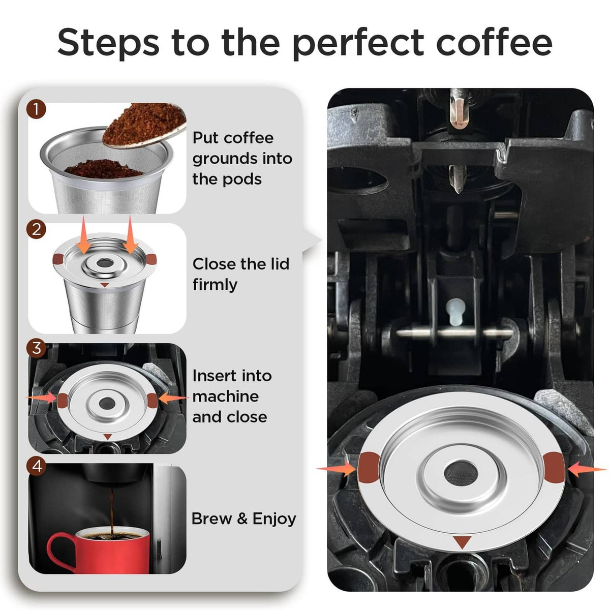 Reusable k-cup filter inserted in coffee machine brewing chamber, stainless steel