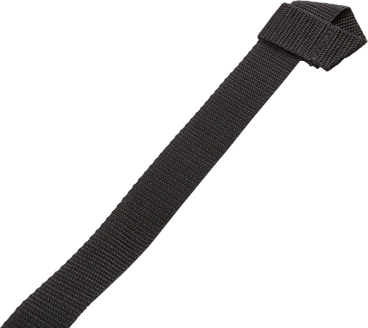 Black webbing strap end with stitched fabric tab on a padded gun sling
