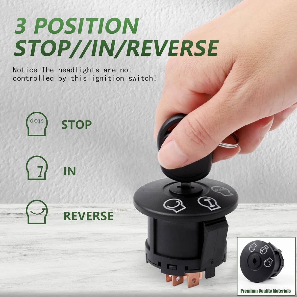 3-position ignition switch with keys, hand holding black knob
