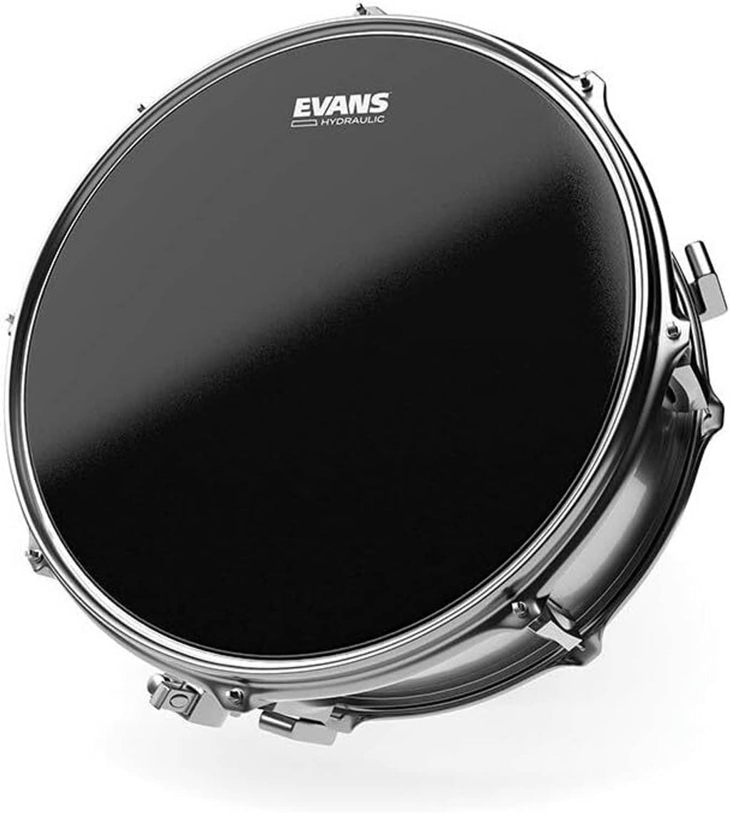 Black EVANS Hydraulic 14-inch drumhead mounted on a metal rim