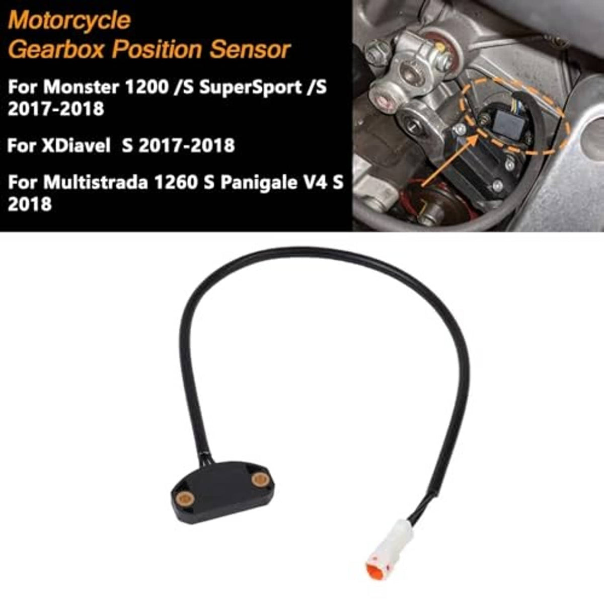 Motorcycle gearbox position sensor cable assembly with black sensor module and plug